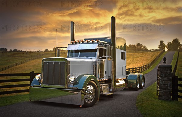 Semi-truck at driving on rural road