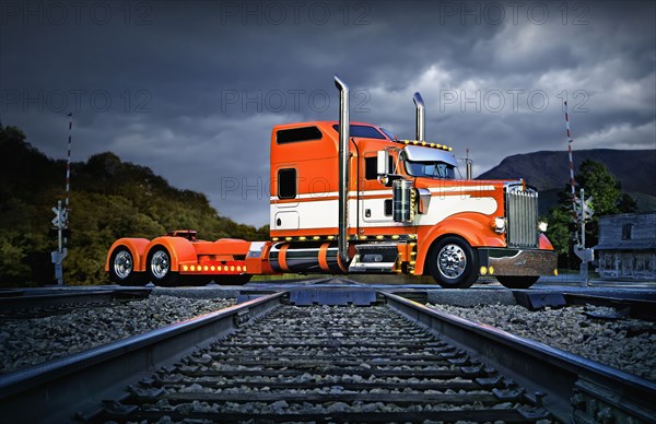 Semi-truck crossing railroad track