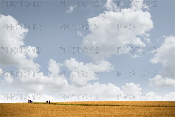 Distant people walking in field