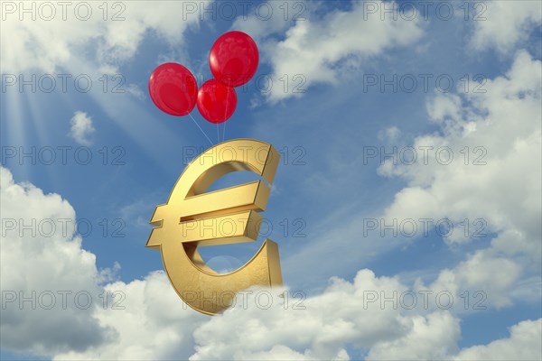 Red balloons lifting euro symbol in cloudy sky