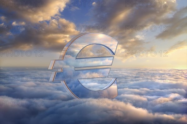 Reflection of clouds in euro symbol in sky