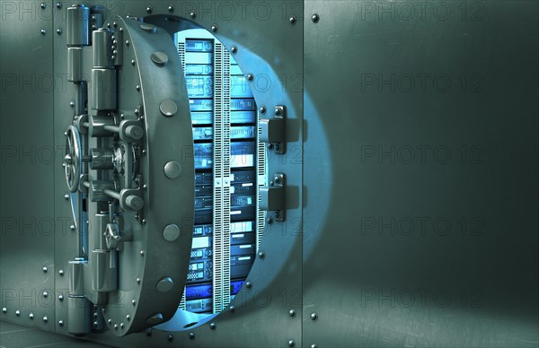 Open vault door revealing computer servers