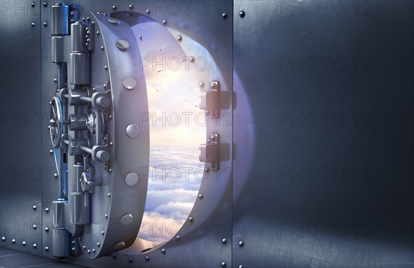 Open vault door revealing clouds in sky