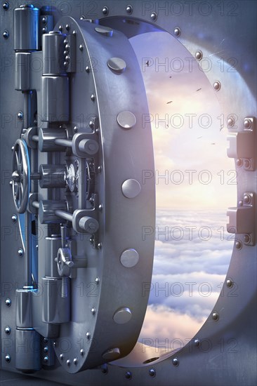 Open vault door revealing birds flying above clouds in sky