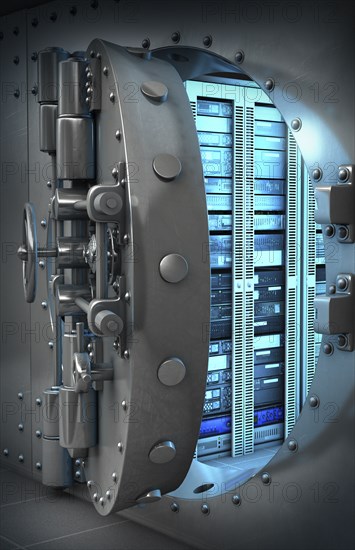 Open vault door revealing computer servers