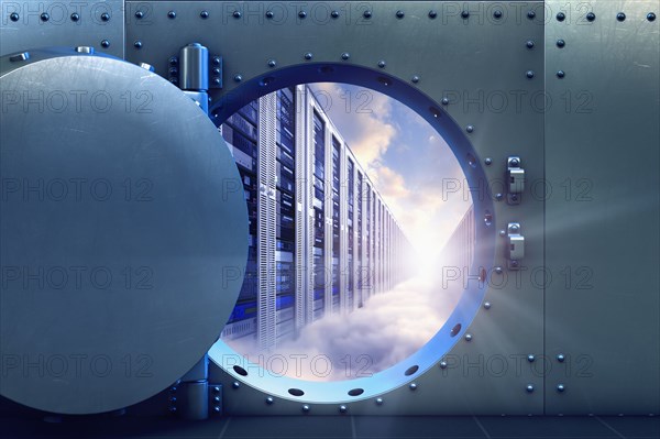 Open vault door revealing computer servers