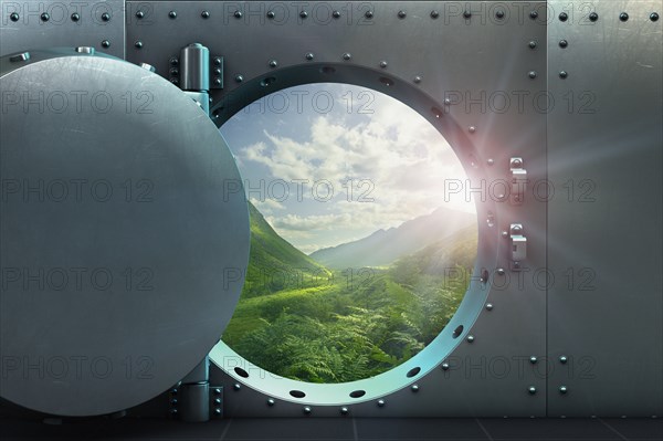 Open vault door revealing lush green sunny landscape