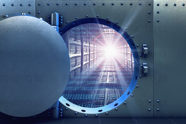 Open vault door revealing computer servers and binary code