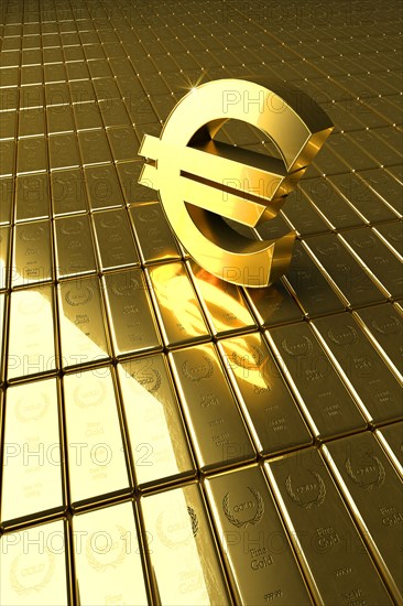 High angle view of gold bars and euro symbol