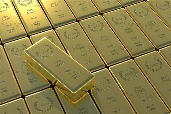 High angle view of gold bars and yuan symbol