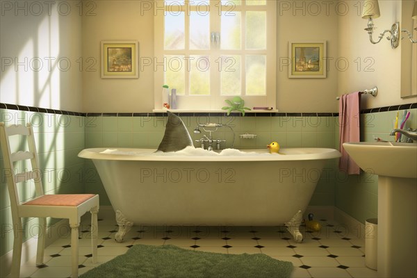 Fin of shark swimming in bathtub