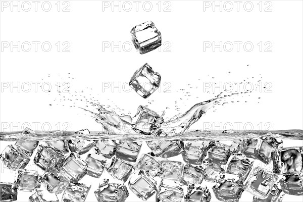 Falling ice cubes splashing into water and floating