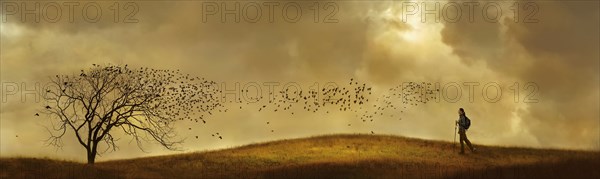 Birds flying from tree near Caucasian woman hiking