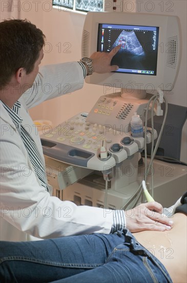 Doctor giving woman a sonogram examination