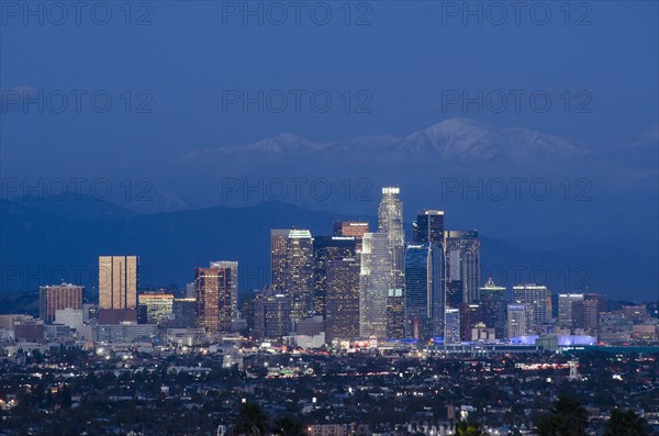 City skyline lit up at night