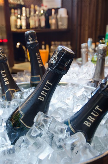 Wine bottles in ice bucket in restaurant