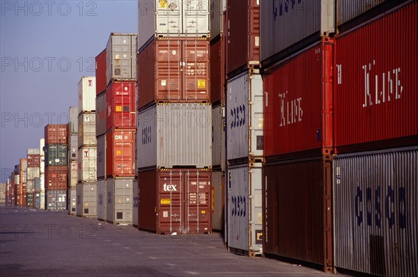 Stacked Lines of Cargo Containers at a Docks