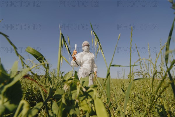 Woman in boiler suit standing in field holding test tube