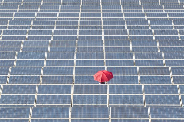 woman holding red umbrella in solar plant