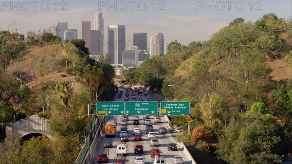 Aerial view of traffic driving to downtown Los Angeles