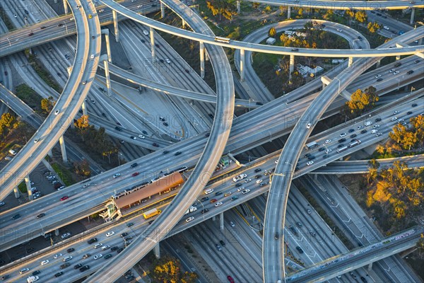 Aerial view of highway interchange in cityscape