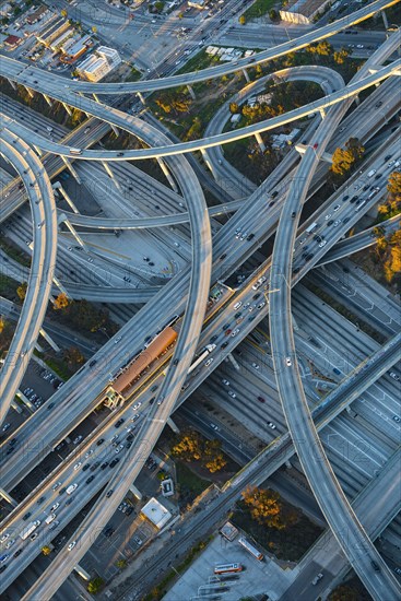 Aerial view of highway interchange in cityscape