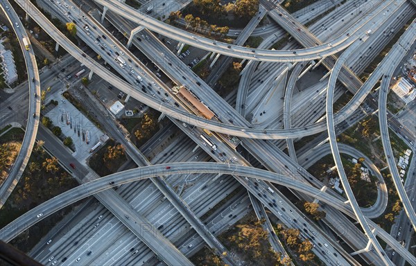 Aerial view of highway interchange in cityscape