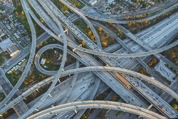 Aerial view of highway interchange in cityscape