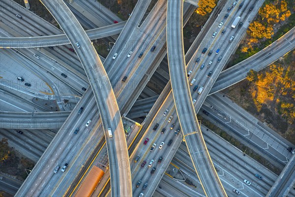 Aerial view of highway interchange in cityscape