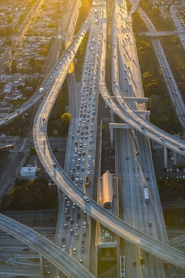 Aerial view of highway interchange in cityscape