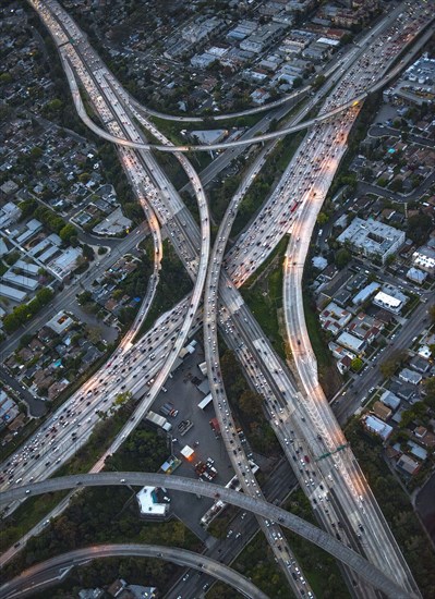 Aerial view of highway interchange in cityscape