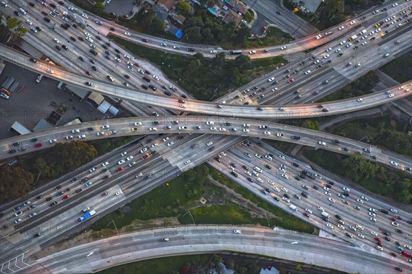 Aerial view of highway interchange in cityscape