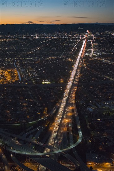 Aerial view of highway in Los Angeles cityscape