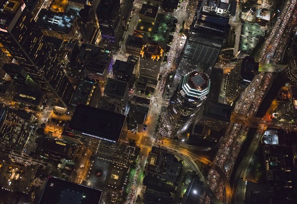Aerial view of Los Angeles cityscape lit up at night