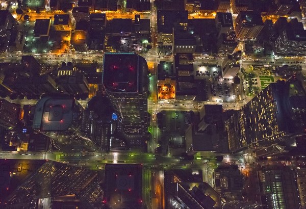 Aerial view of Los Angeles cityscape lit up at night