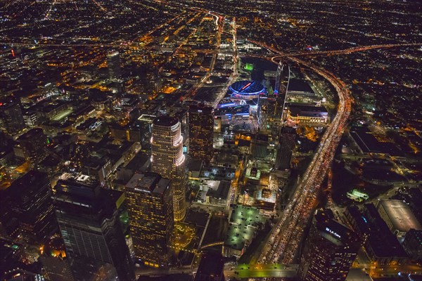 Aerial view of Los Angeles cityscape lit up at night