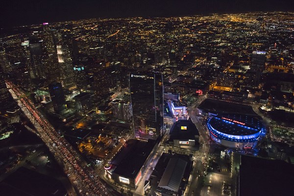 Aerial view of Los Angeles cityscape lit up at night