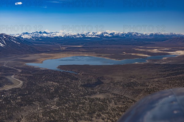 Aerial view of lake and mountains