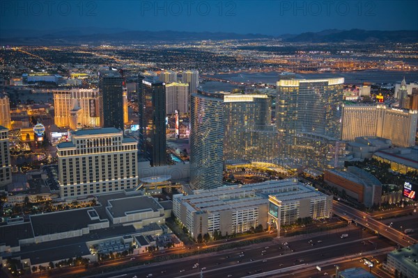 Aerial view of illuminated cityscape