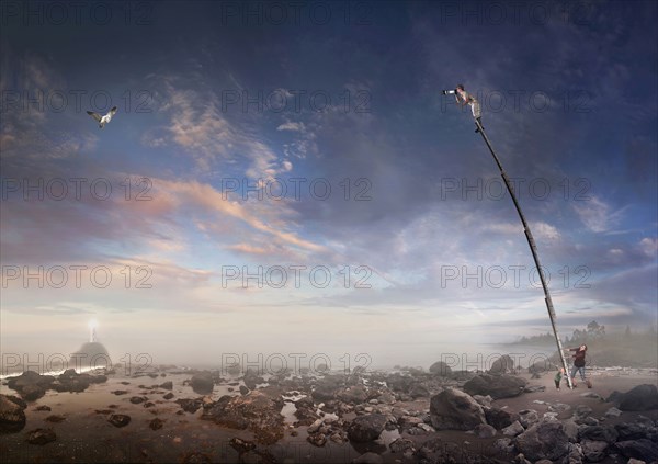 Caucasian family holding ladder for photographer