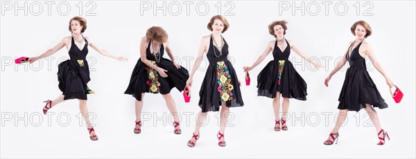 Multiple exposures of stylish Caucasian woman in dress heels