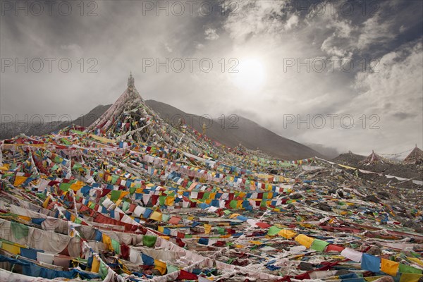 Prayer flags on remote mountain slope