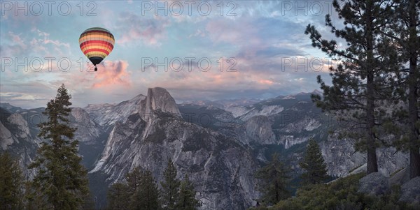 Hot air balloon flying over Yosemite