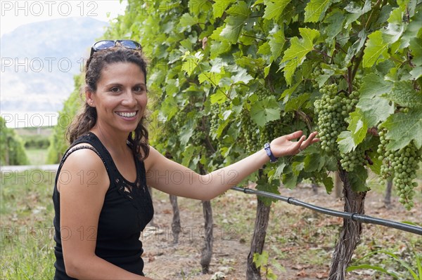 Hispanic woman looking at grapes in vineyard