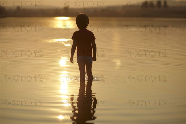 Silhouette of boy standing in pond at sunset