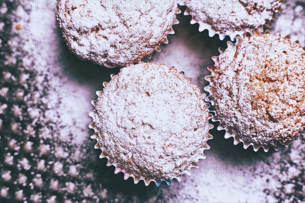 Close up of cupcakes covered with powdered sugar