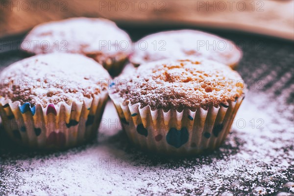 Close up of cupcakes covered with powdered sugar