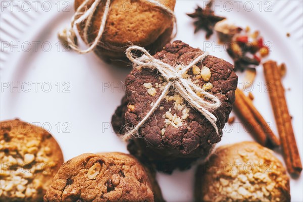 Bundles of cookies tied with string on plate