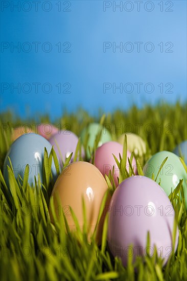 Group of colored Easter eggs in grass