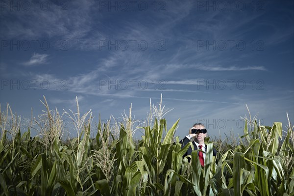 Caucasian businessman using binoculars in corn field